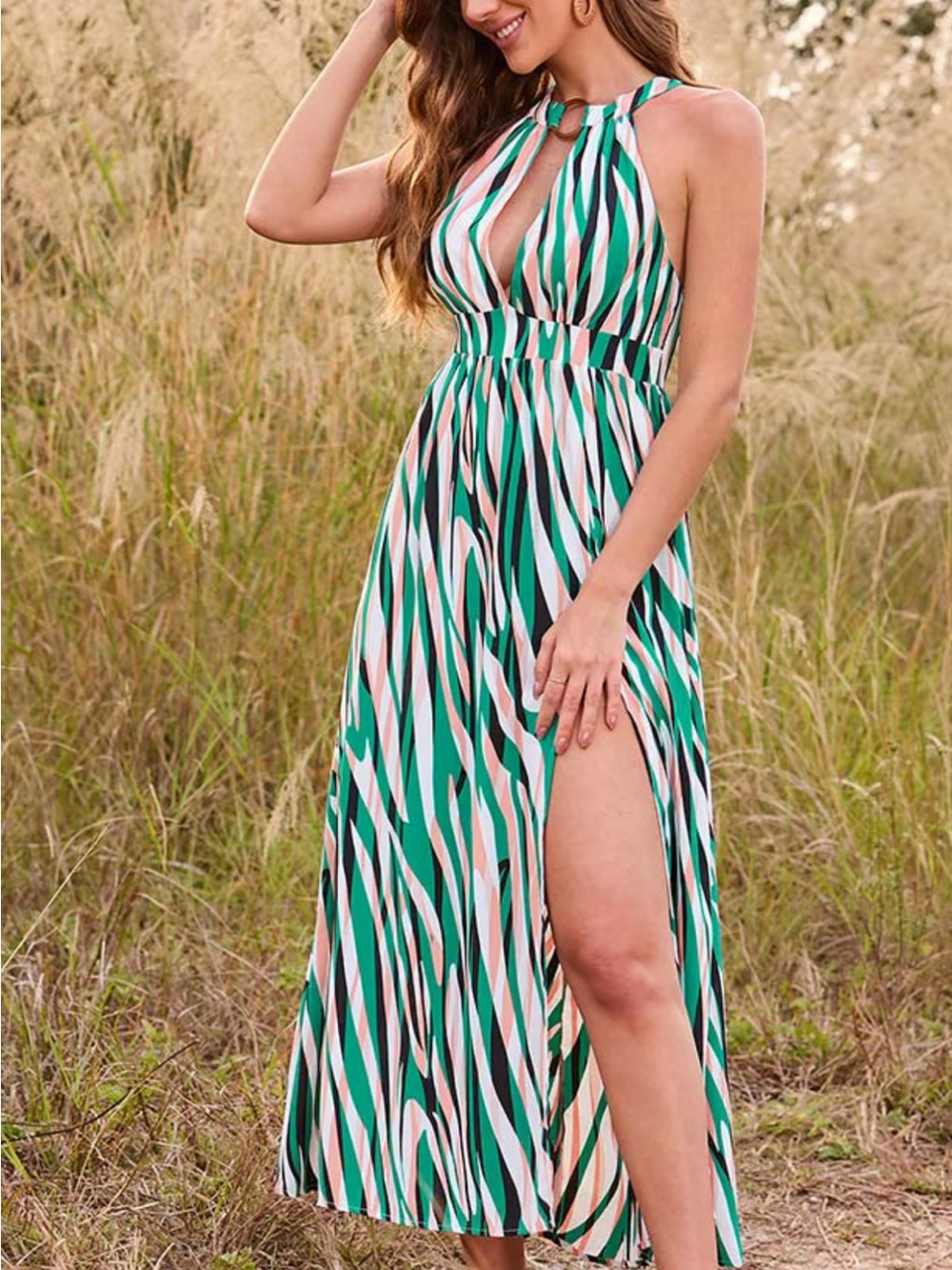 Cupshe Green Multi-Stripe Halter Maxi Dress